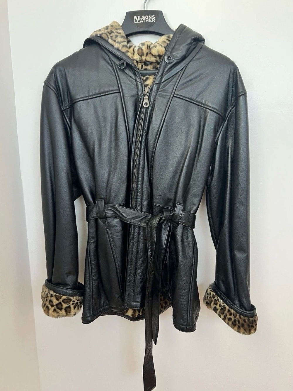 Wilsons Leather Black Hooded genuine leather jacket with Leopard Trim